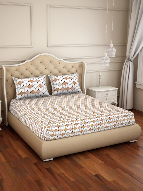 SPACES Brown & Off-White Geometric 144 TC Cotton 1 Queen Bedsheet with 2 Pillow Covers