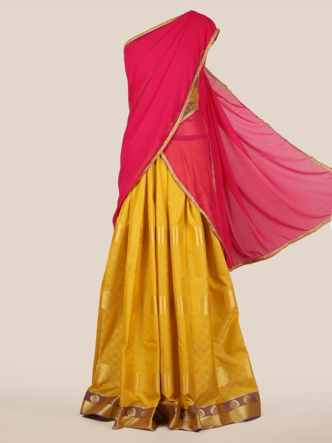 Pothys Pink & Yellow Poly Chiffon Woven Design Half Saree