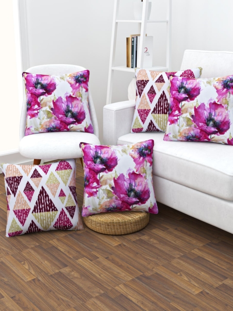SHIVANAA HOMES White & Purple Set of 5 Floral Square Cushion Covers