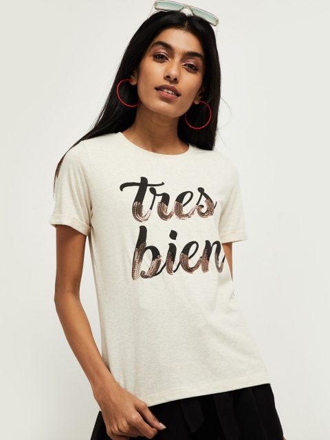 max Women Cream-Coloured Striped Round Neck T-shirt