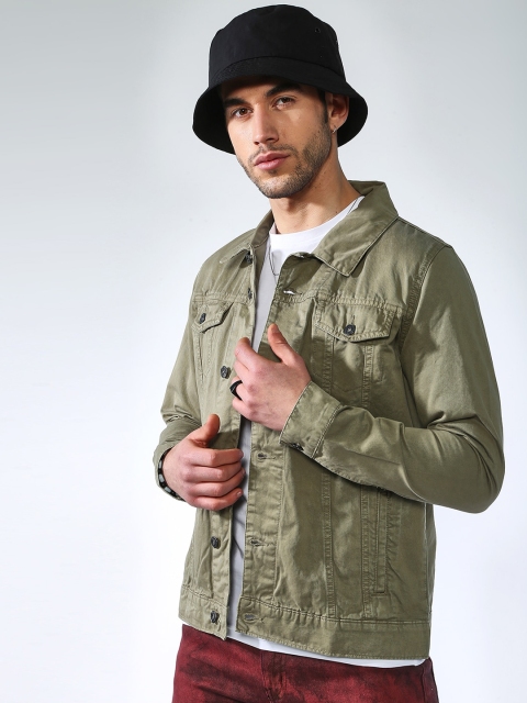 Blue Saint Men Olive Green Solid Lightweight Denim Jacket