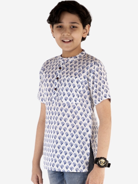 Lil Peacock Boys White & Blue Printed Kurta