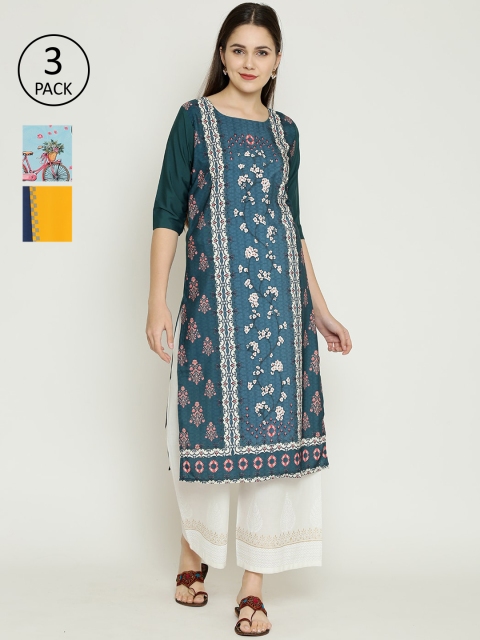 7Threads Women Multicoloured Set of 3 Printed Straight Kurta, Multi
