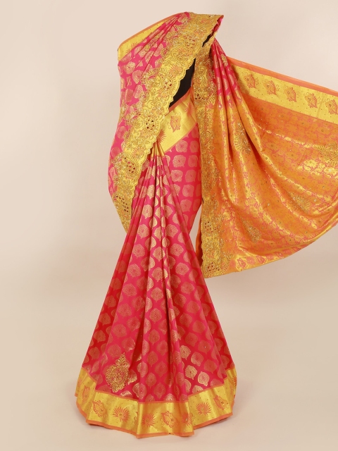 Pothys Pink & Gold-Toned Pure Silk Woven Design Kanjeevaram Saree With Embellished Border
Pothys Pink & Gold-Toned Pure Silk Woven Design Kanjeevaram Saree With Embellished Border