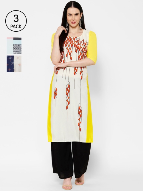7Threads Women Multicoloured Printed Straight Kurta Pack of 3, Multi