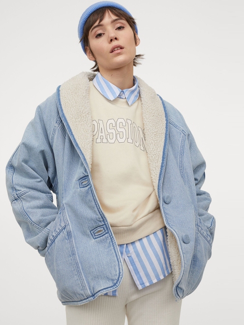 H&M Women Blue Faux Shearling Lined Jacket