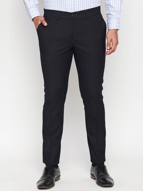 Basics Men Navy Blue Tapered Fit Striped Formal Trousers