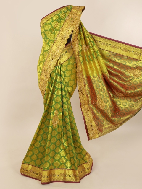 Pothys Green & Gold-Toned Pure Silk Woven Design Kanjeevaram Saree With Embellishment
Pothys Green & Gold-Toned Pure Silk Woven Design Kanjeevaram Saree With Embellishment