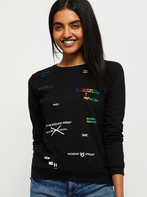 max Women Black & Off-White Printed Sweatshirt