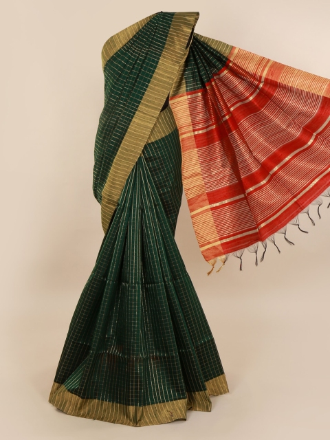 Pothys Green & Orange Jute Silk Checked Saree