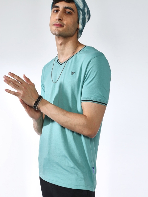 Blue Saint Men Sea Green Solid V-Neck T-shirt