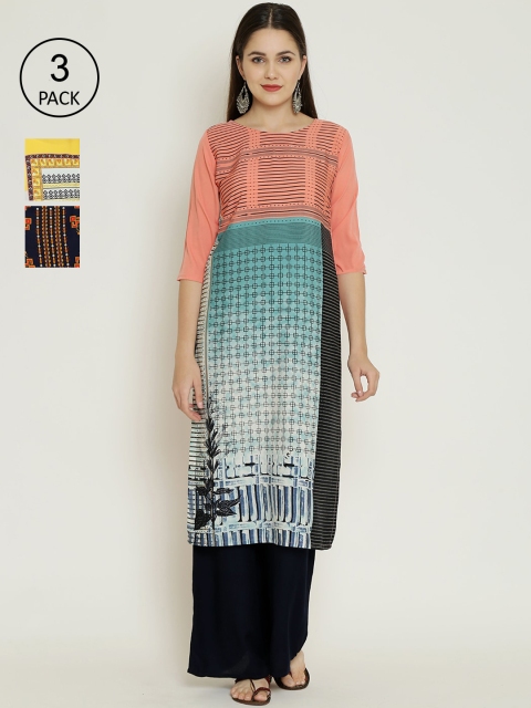 7Threads Women Pack Of 3 Printed Straight Kurta, Blue
