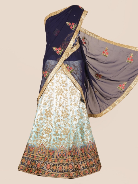Pothys Blue & Cream-Coloured Poly Chiffon Embroidered Half Saree