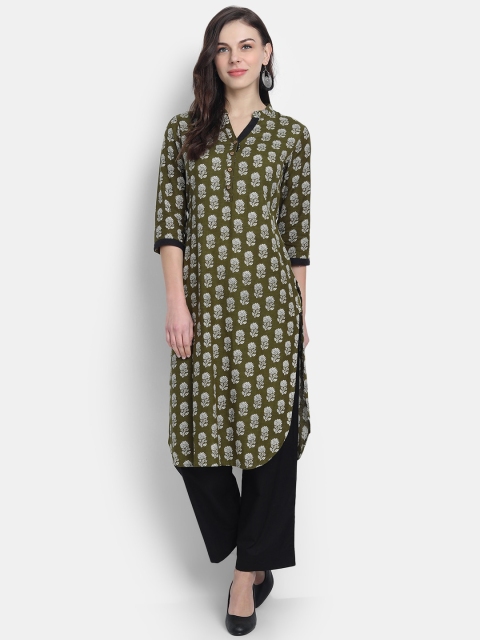 fabGLOBAL Women Green Printed Straight Kurta