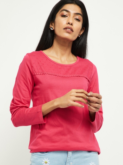max Women Pink Solid Round Neck Pure Cotton T-shirt