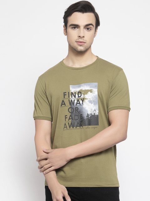 Allen Cooper Men Olive Green Slim Fit Printed Round Neck T-shirt