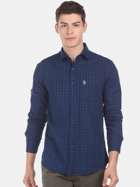 U.S. Polo Assn. Men Blue Regular Fit Checked Casual Shirt