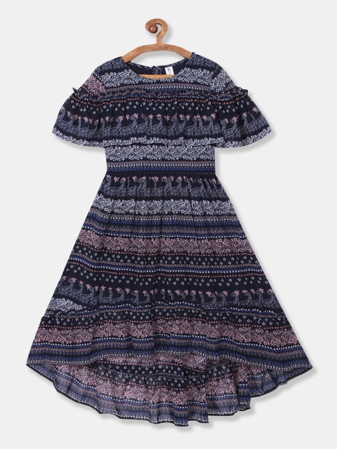 Cherokee Girls Navy Blue & Grey Printed Fit and Flare Dress
