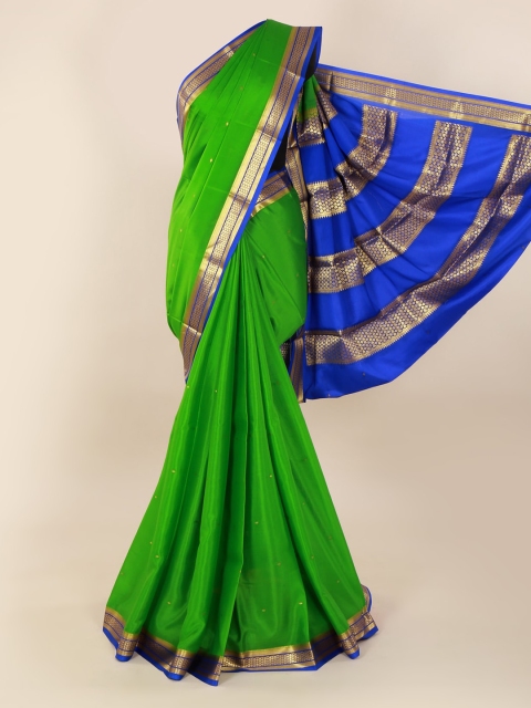 Pothys Green & Blue Pure Silk Colourblocked Mysore Silk Saree