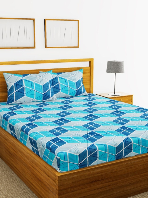 BIANCA Blue & Grey Geometric 144 TC Cotton 1 King Bedsheet with 2 Pillow Covers