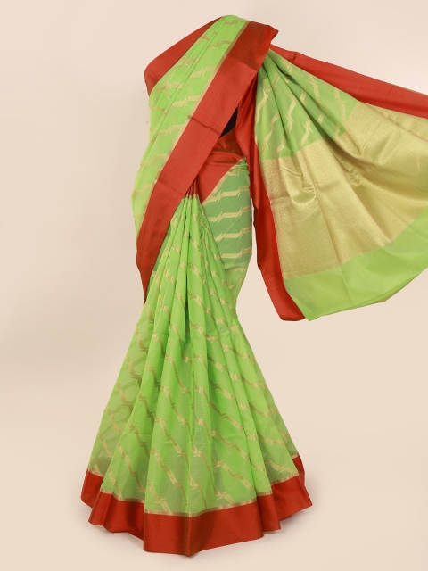 Pothys Green & Red Cotton Blend Striped Saree