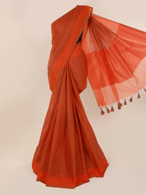 Pothys Orange Striped Cotton Blend Saree