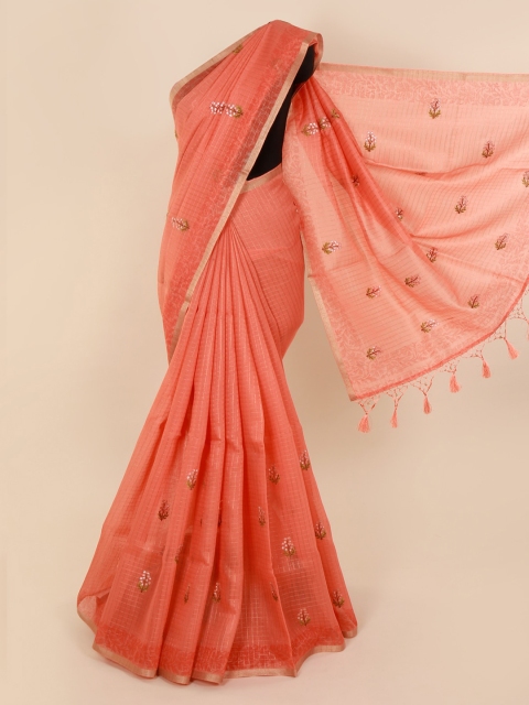 Pothys Peach-Coloured Cotton Blend Woven Design Chanderi Saree