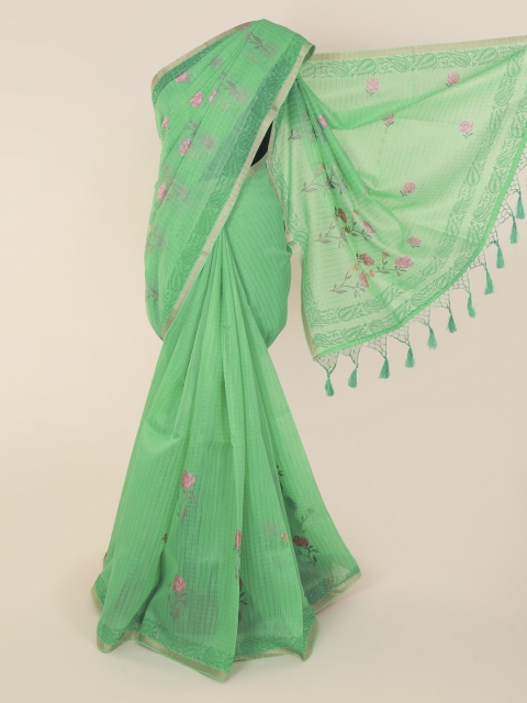 Pothys Green Cotton Blend Embroidered Chanderi Saree