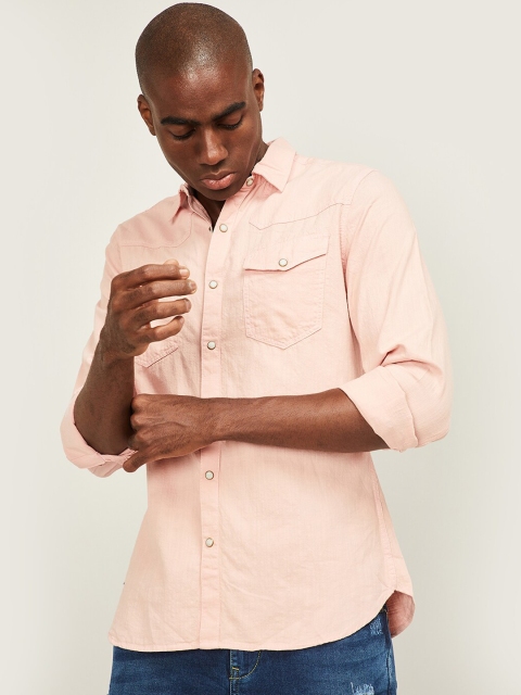 Forca by Lifestyle Men Peach-Coloured Slim Fit Solid Casual Shirt