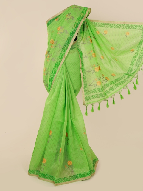 Pothys Green Embroidered Chanderi Saree With Tasseled Pallu