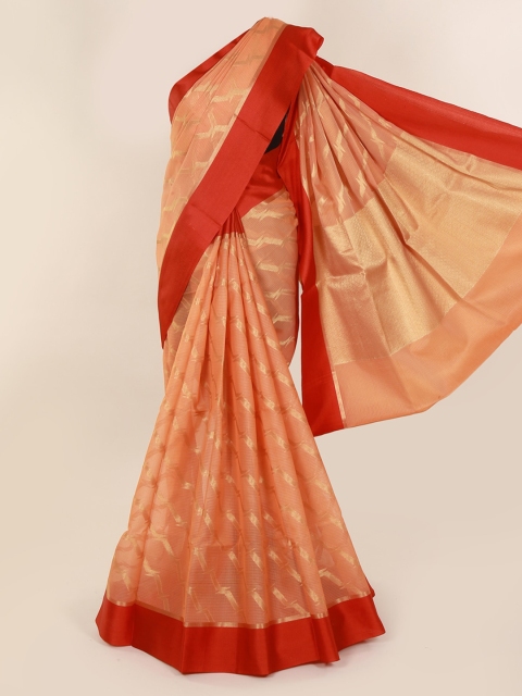Pothys Peach-Coloured & Red Cotton Blend Woven Design Saree