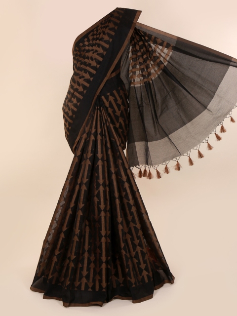 Pothys Black & Brown Cotton Blend Woven Design Saree