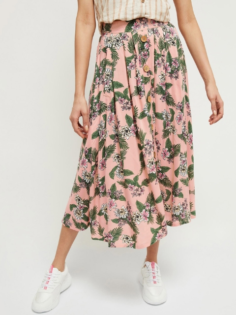 max Women Pink & Green Floral Printed A-Line Midi Skirt