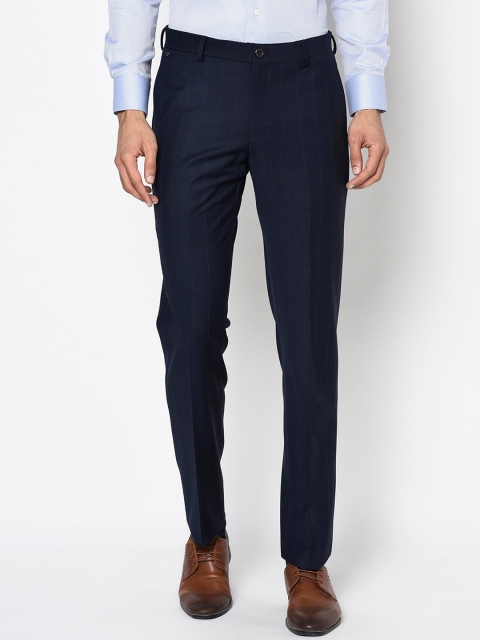 Blackberrys Men Navy Blue Slim Fit Checked Formal Trousers