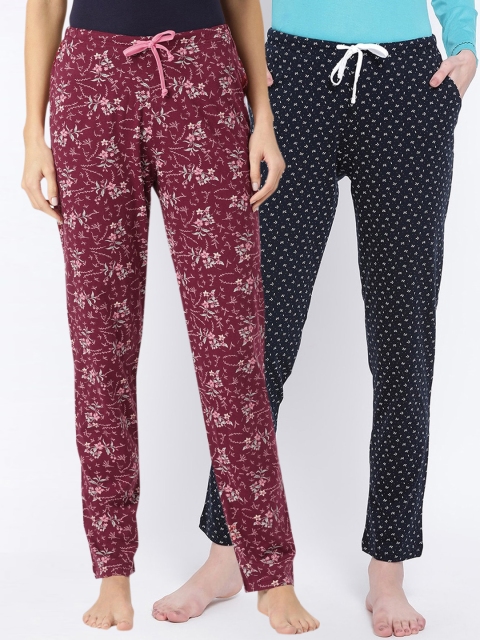 Kanvin Women Maroon & Navy Blue Pack Of 2 Printed Cotton Lounge Pants