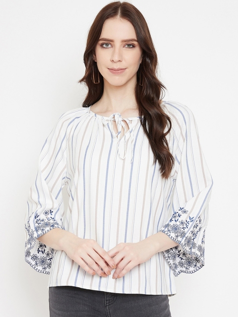 Madame Women Off White & Blue Embroidered Flared Sleeve Top