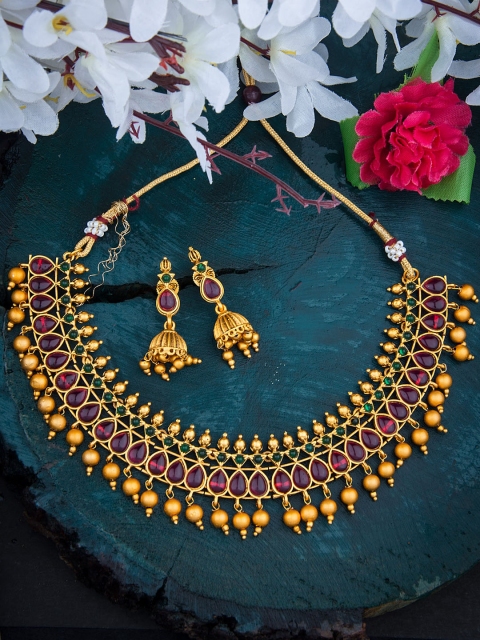 Alankruthi Gold-Plated Pink & Green Stone-Studded Beaded Temple Jewellery Set