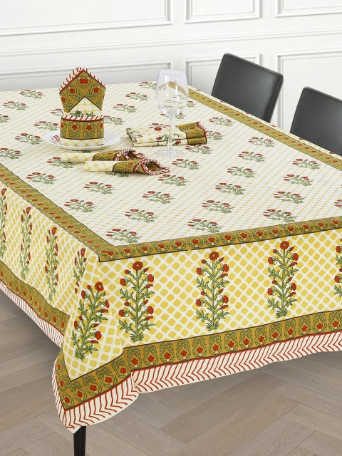 Salona Bichona Set of 7 Yellow & White Printed Cotton Dining Table Cover With Napkins