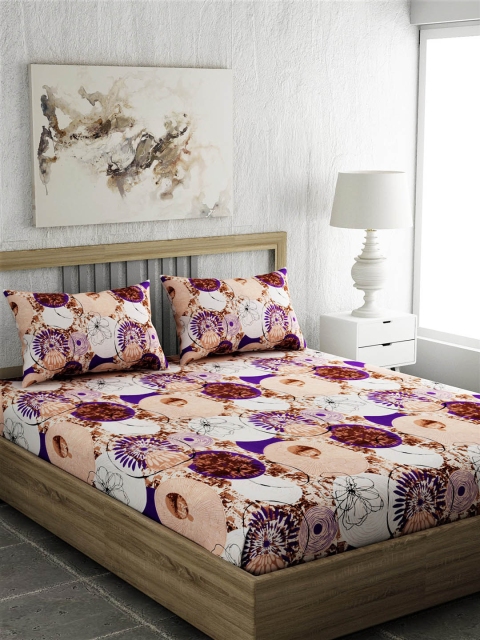 EverHOME Peach-Coloured & Purple Floral 210 TC Cotton 1 Queen Bedsheet with 2 Pillow Covers
