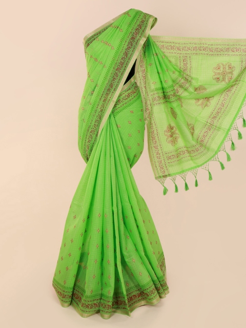 Pothys Green Cotton Blend Printed Chanderi Saree With Tasseled Pallu