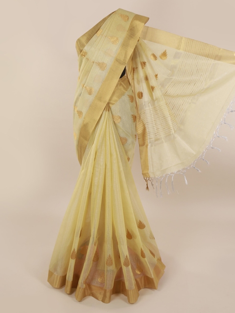 Pothys Yellow Solid Cotton Blend Saree