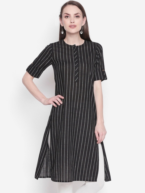 RANGMANCH BY PANTALOONS Women Black & White Striped Roll-Up Sleeves Kurta