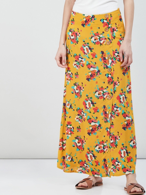 max Women Yellow & White Floral Printed A-Line Maxi Skirt