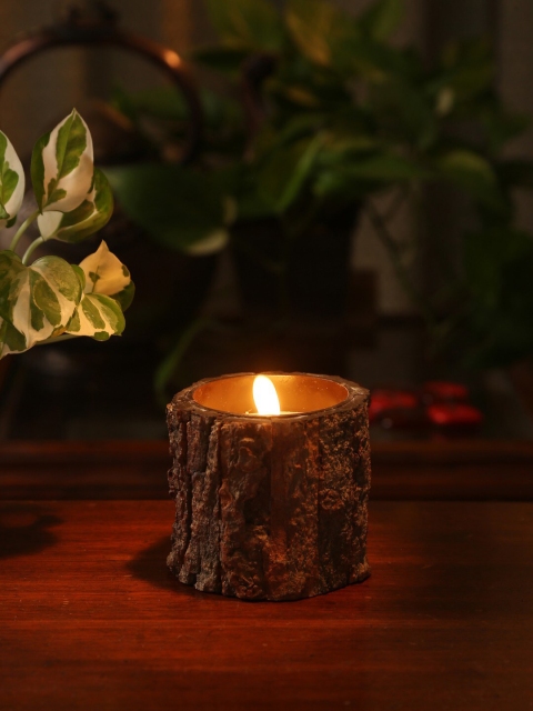 Amoliconcepts Brown Textured Bark Exterior Sustainable Wood Candle Holder