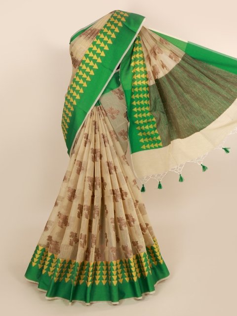 Pothys Cream-Coloured & Green Cotton Blend Woven Design Saree