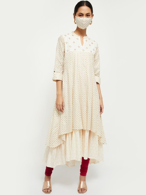 Max Women Cream-Coloured Gold-Coloured Rolled-Up Sleeve Anarkali Kurta