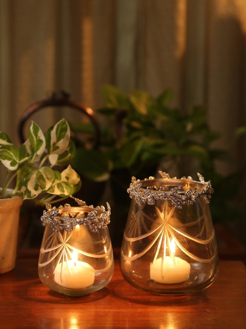 Amoliconcepts Transparent Textured Glass Votive Candle Holder With Removable Jewel Metal Ring