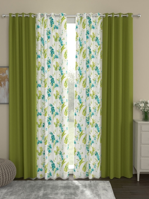 ROSARA HOME Green & White Set of 4 Long Door Curtains