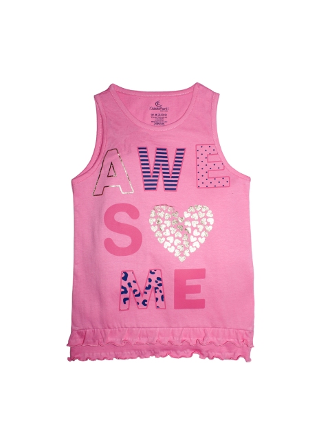 KiddoPanti Girls Pink Printed Round Neck Pure Cotton T-shirt