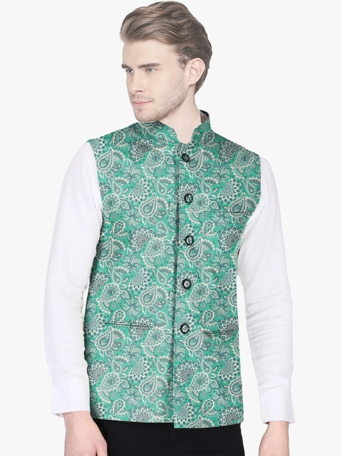 Blacksmith Men Green & White Printed Satin Weaved Nehru Jacket